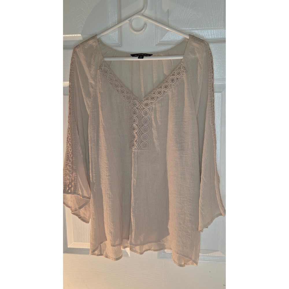 Zac & Rachel Woman Cream Beige Crochet Lace V-Neck Gauze Blouse 1X Boho Top